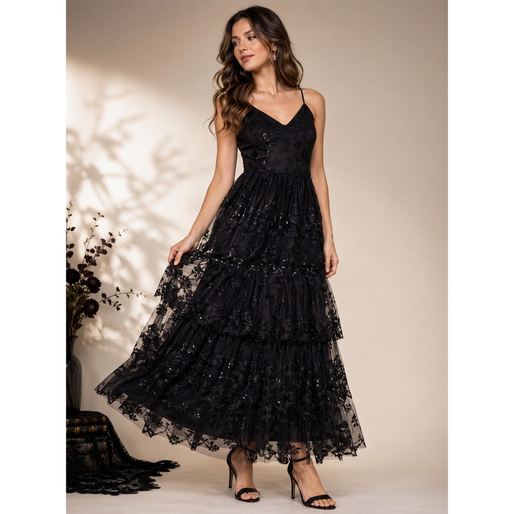 Altar'd State Black Lace Tiered Maxi Dress Whimsy Goth Formal Women S